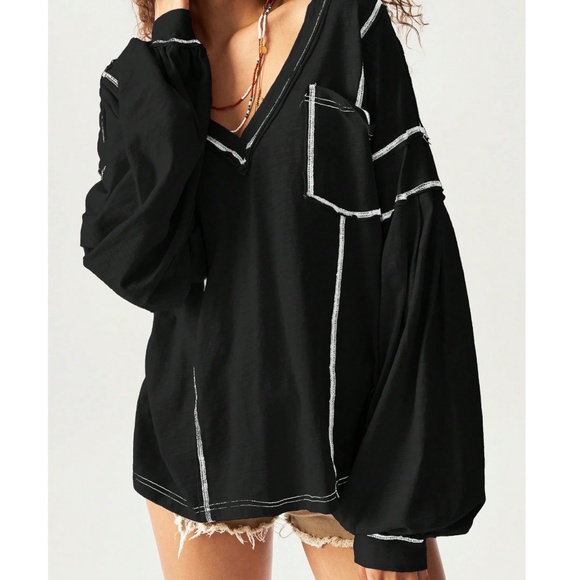 Solid V neck Reverse Stitch Pockets Oversized Long Sleeve Top - Picture 2 of 10